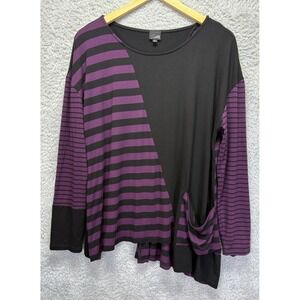 Lisa Bayne Women Top Asymmetrical Purple Black Stretch Pocket Lagenlook Boho L